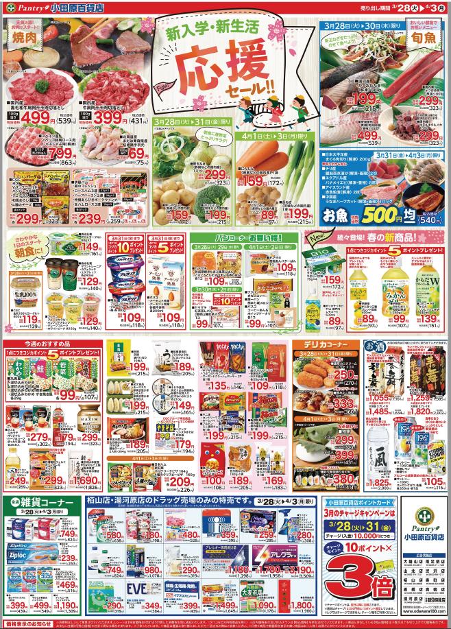 3/28（火）～4/3（月）	 新入学・新生活応援セール!!　 （オモテ）