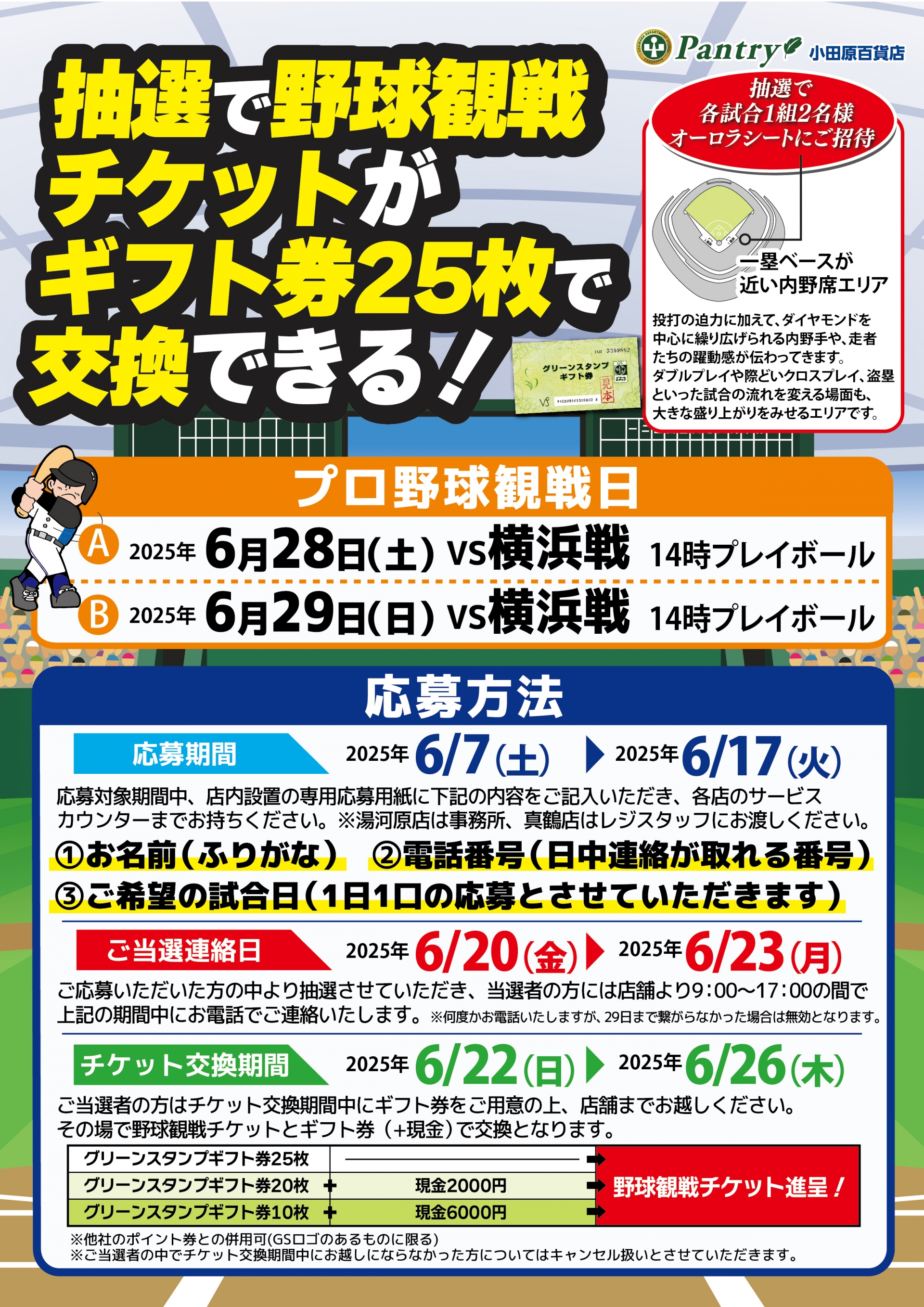 抽選で野球観戦チケットがギフト券25枚で交換できる