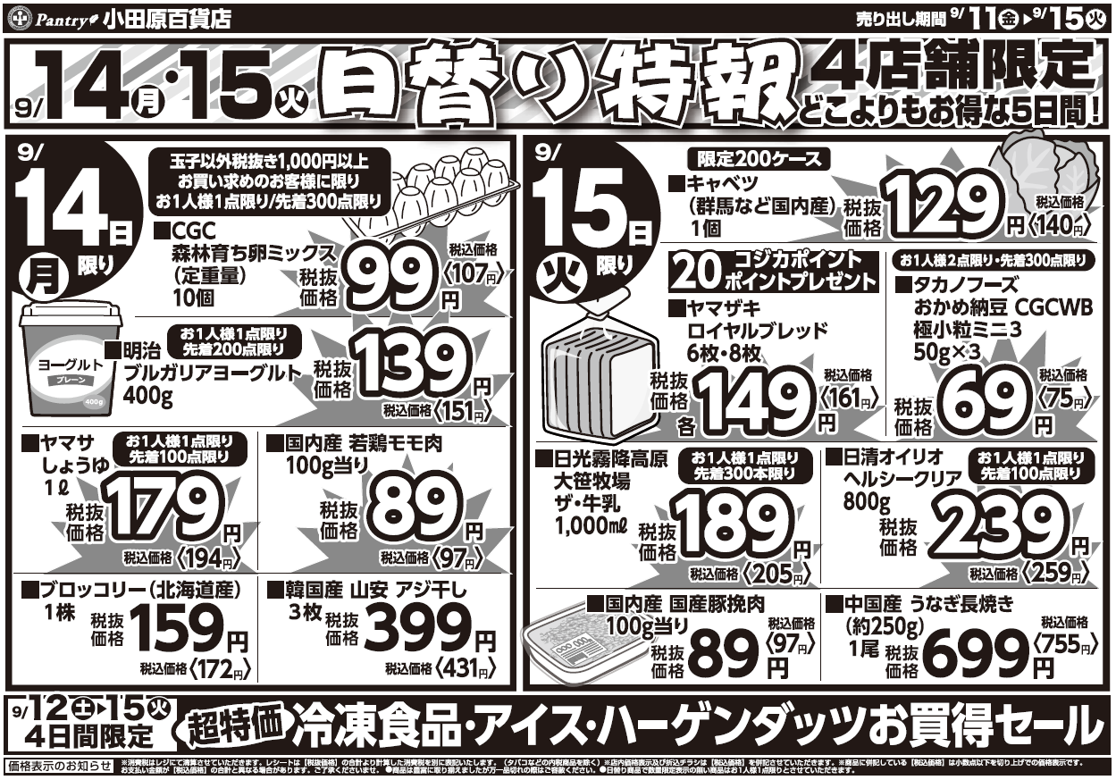 【４店舗限定！栢山店・南足柄店・山北店・大雄山店チラシ】 9/11（金）～ 9/15（火）日替わり特報